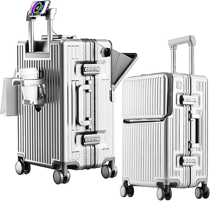 2-Piece Hardshell Zipperless Luggage Set, 20/26" Aluminum Frame Hardshell Spinner Luggage, Airline Approved Carry-On Luggage, TSA Lock, 360° Quiet Wheels With Cup Holder (silver)