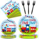 Chugga Chugga Two Two Party Supplies Set Train Plates and Napkins 2nd Birthday Party Tableware Packs Decorations Transportation Disposable Paper Plates Napkins Forks For Kids Serve 25