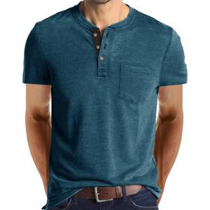 Angbater Men's Henley Shirts Casual Short Sleeve Button Cotton Tee Fashion Classic Tee T-Shirt with Pocket (XX-Large, Blue-1)