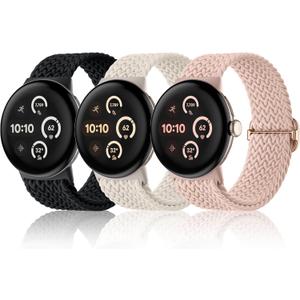 Maledan Braided Stretchy Band Compatible with Google Pixel Watch 4 3 41mm/ Pixel Watch 2 1 Band for Women Men, 3 Pack Soft Nylon Breathable Sport Replacement Strap for Google Smartwatch 41mm Accessory, Black Starlight Pink