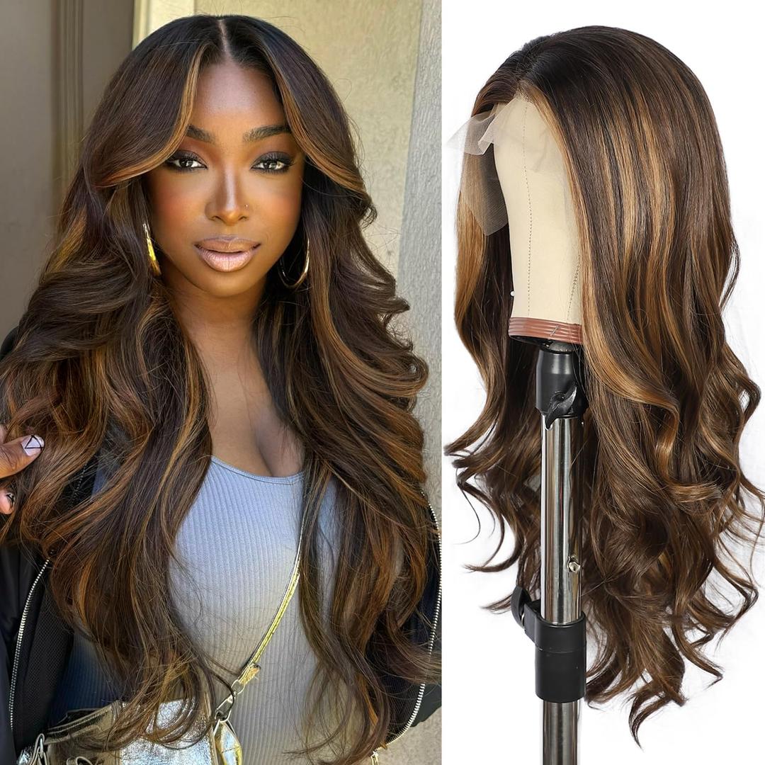 Dark Brown Synthetic Lace Front Wig 13x4 Pre Plucked Highlight Body Wave Lace Front Wigs for Women Heat Resistant Hair 22 Inch Daily Use
