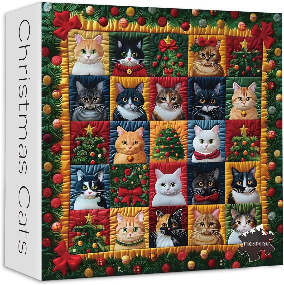 Christmas 1000 Piece Puzzle for Adults, PICKFORU Funny Cats Jigsaw Puzzles Cute Animal, Impossible Challenging Patch Kitten Theme as Wall Decor