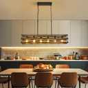 40''Large Farmhouse Rectangular Chandeliers for Dining Room,6-Light Black Matte Dining Light Fixture,Modern Industrial Pendant Lights Kitchen Island,Linear Chandelier with Retro Wood Texture Interior