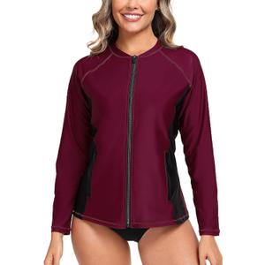 Halcurt Women's Full Zip Long Sleeve Rash Guard Swim Top with Pockets UPF50+ Quick Dry Swimsuit (X-Large, Burgundy)