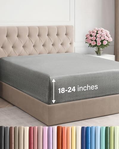Extra Deep King Fitted Sheet - Hotel Luxury Single Fitted Sheet Only - Easily Fits 18 inch to 24 inch Mattress - Ultra Soft, Wrinkle Free with Extra Deep Pockets - Breathable & Comfy - Heathered Grey