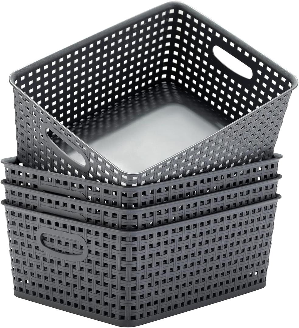Eslite Plastic Storage Baskets for Organizing,11"X8.5"X4.7",Pack of 4 (Grey)