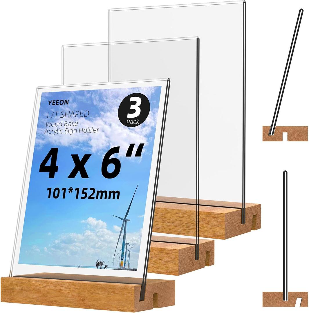 4x6 Inch Acrylic Sign Holder with Wooden Base, Desktop Display Stand (4x6 3Pack)