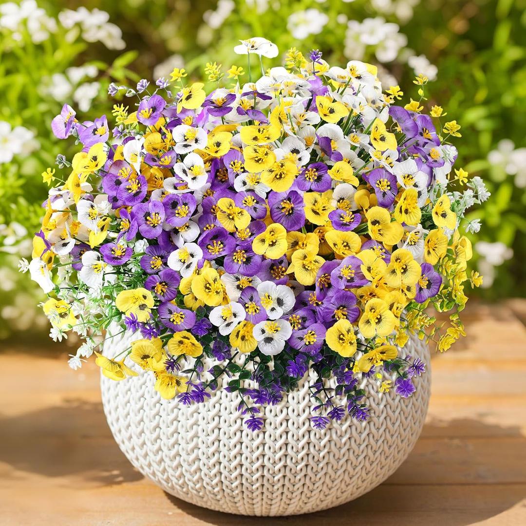 54 Bundles Artificial Flowers for Outdoor, 36 Pansy+18 Eucalyptus Camellia Silk Faux Flowers, Realistic Artificial Plants for Porch Garden Patio Yard Window Box and Home Decoration
