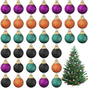 Syhood 36 Pieces Halloween Glitter Ball Ornaments 1 Inch Mini Shiny Tree Ornaments Tiny Orange Black Purple Green Foam Ball Tree Hanging Decoration for Halloween Decor