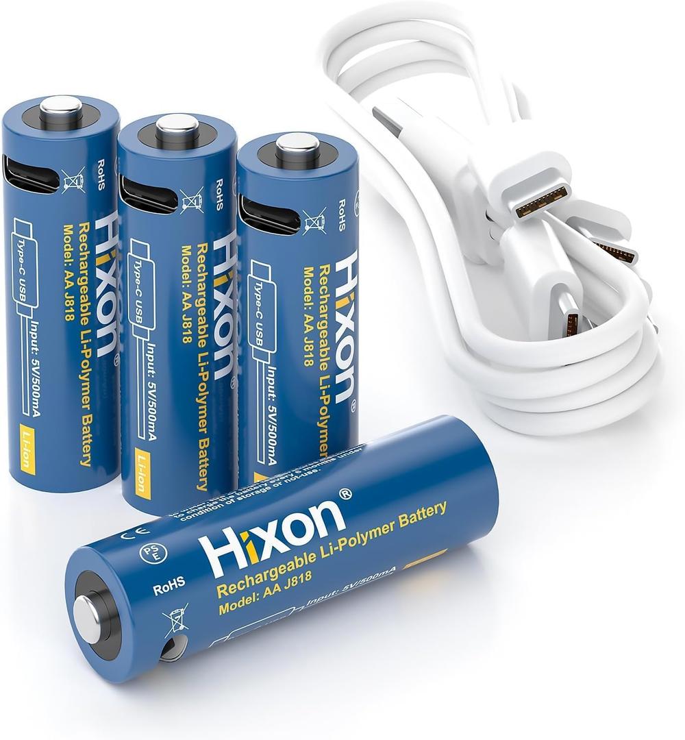 Hixon 1.5V USB Rechargeable Lithium Batteries AA Size,2550mWh Double AA Rechargeable Battery,Charges 1.5 Hours, Over 1500 Cycles, 4-in-1 USB-A to USB-C Charging Cable, LED Charge Indicator4-Pack
