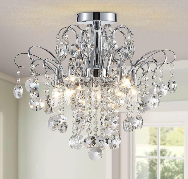 WUZUPS Crystal Chandelier Flushmount Ceiling Light Modern Lighting Fixture for Bedroom Hallway Bar Kitchen Bathroom, H 17.5'' x W 19.3'', E12 Base, Chrome
