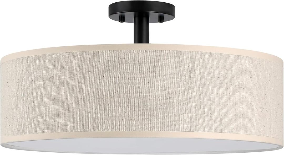 4 Light 18" Off White Fabric Black Farmhouse Semi Flush Mount Light