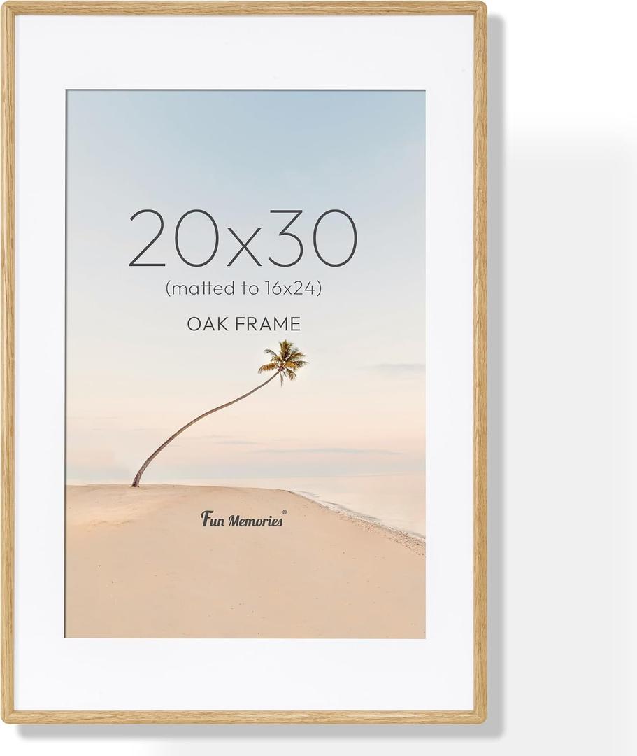 20x30 Picture Frame with HD Tempered Glass, USA-Sourced Oak Wood Photo Frame Matted to 16x24, Rounded Corner 20 x 30 Wooden Frames, Vertical or Horizontal Wall Display Poster & Art Prints