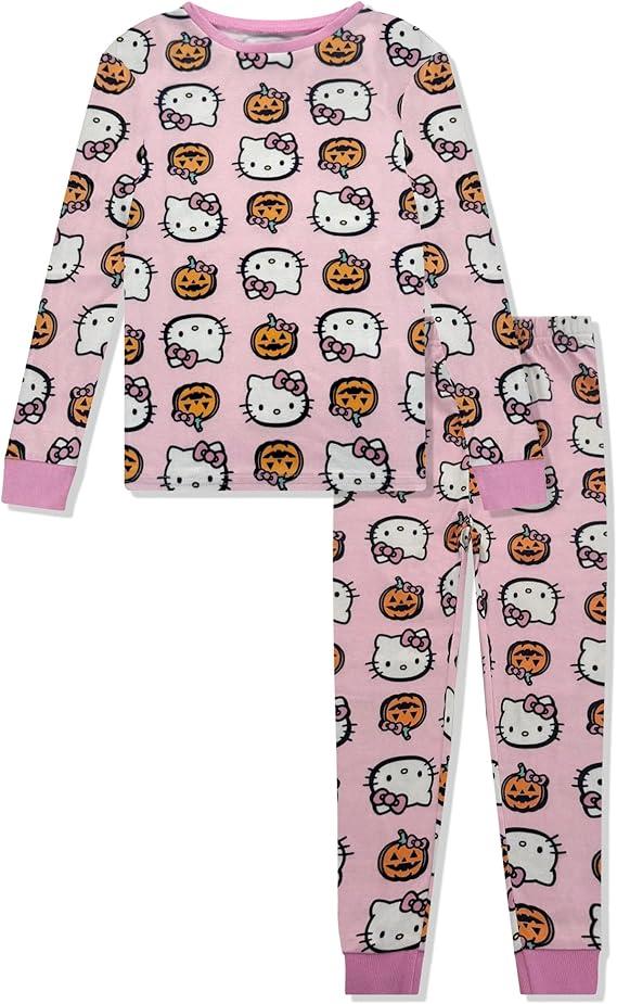 Hello Kitty Girls Halloween Pajamas - Kids 2 Piece Girl's PJ Set For Holiday - Long Sleeve Shirt & Pants - Official License, Size: 8