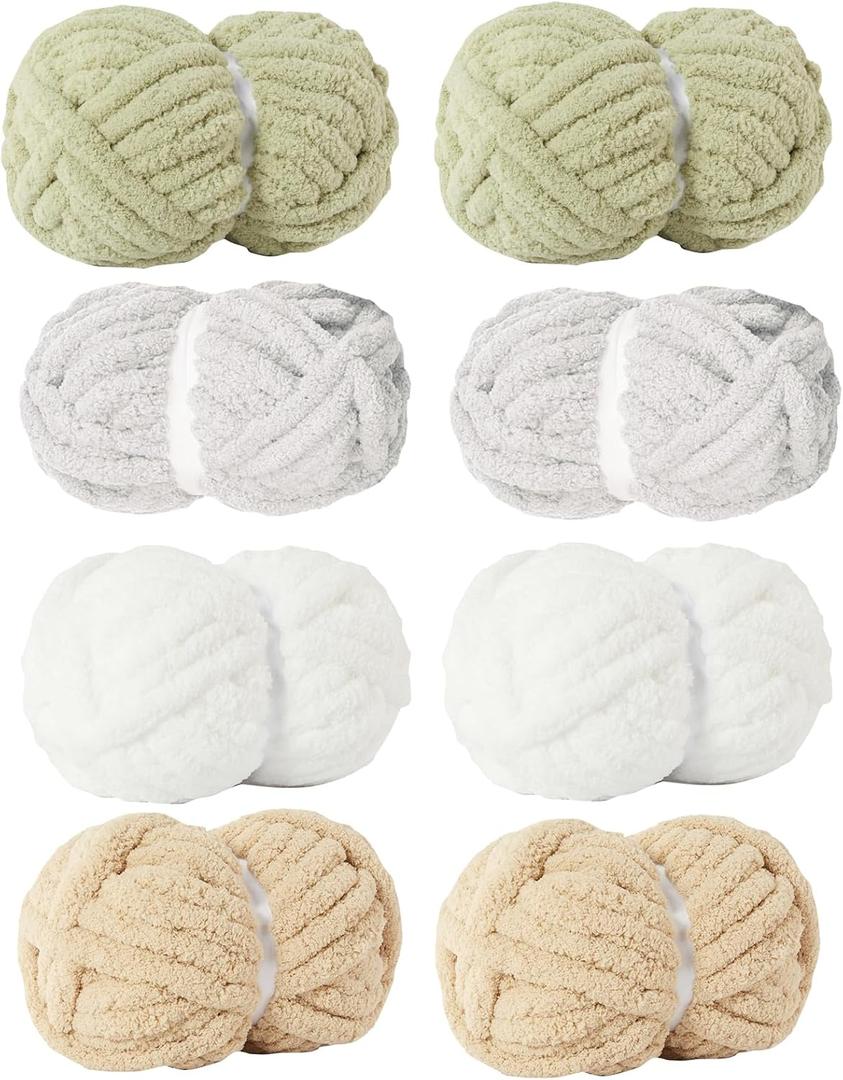 Assorted Chunky Yarn for Hand Knitting,Soft Jumbo Bulky Fluffy Chenille Yarn for Crocheting,Blanket Scarf DIY,8 Pack(28yds, 8 Ounces Each) (WhiteGreyGreenKhaki)