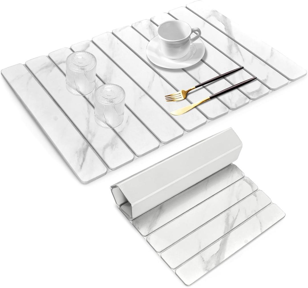 Large Stone Dish Drying Mats for Kitchen Counter, 24"16" Marble-Pattern, Fast Drying Collapsible Dish Drying Mat, Eco-Friendly Absorbent Diatomaceous Earth Mats for Tableware, Match Countertop