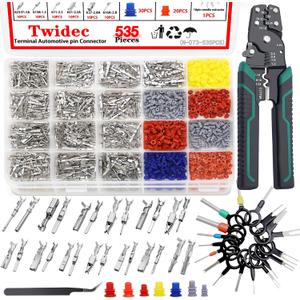 Twidec/535Pcs Car Electrical Wire Terminal Pins Connector Kit 1/1.5/1.8/2.2/2.8/3.5mm 26Type Male&Female Connectors Pin Terminal Auto Non-Insulated Plug Removal Crimp Pins With Wire Crimper Tool