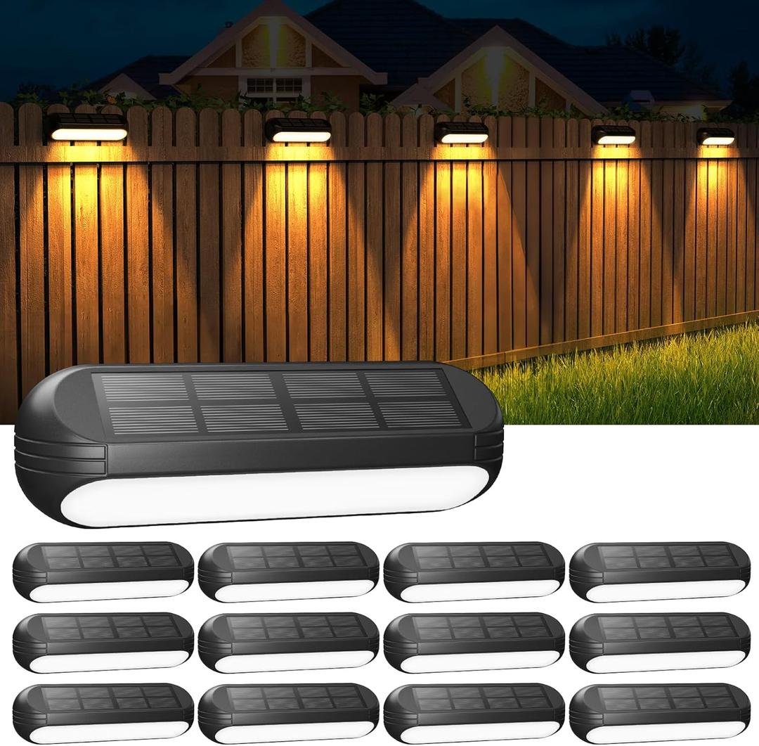 WdtPro Solar Fence Lights 12 Pack, Waterproof Solar Outdoor Lights Led Warm White & Color Changing, Deck Light Solar Powered for Outside Patio, Wall, Step, Yard, Stairs, Garden Decor (Warm/RGB-Black)