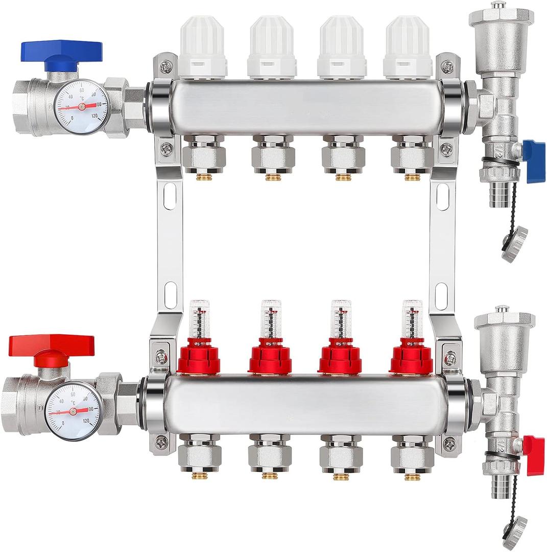 GCCSJ 4 Loops PEX Manifold Radiant Floor Heating Set Stainless Steel Heated Hydronic Heating
