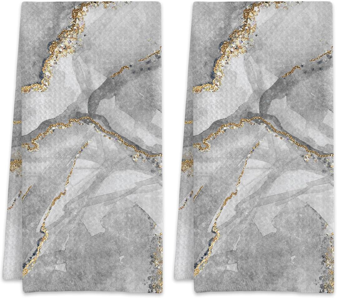 White Marble with Gold Veins Hand Towels,Set of 2 Absorbent Bath Towel Kitchen Dish Towel Home Gym Hotel Bathroom Decor,16x24 Inches