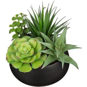 Fake Plants Artificial Succulents in Pots Faux Succulent Arrangement Potted Plant with Black Ceramic Pot for Home Decor Modern Office Desk Bathroom Shelf Living Room Indoor & Outdoor Decoration