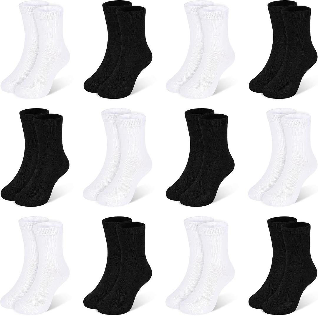 Kids Socks 12 Pairs Crew Socks for Toddler Boys Girls 7-10 Years Athletic Mid Cut Socks Multipack Black White