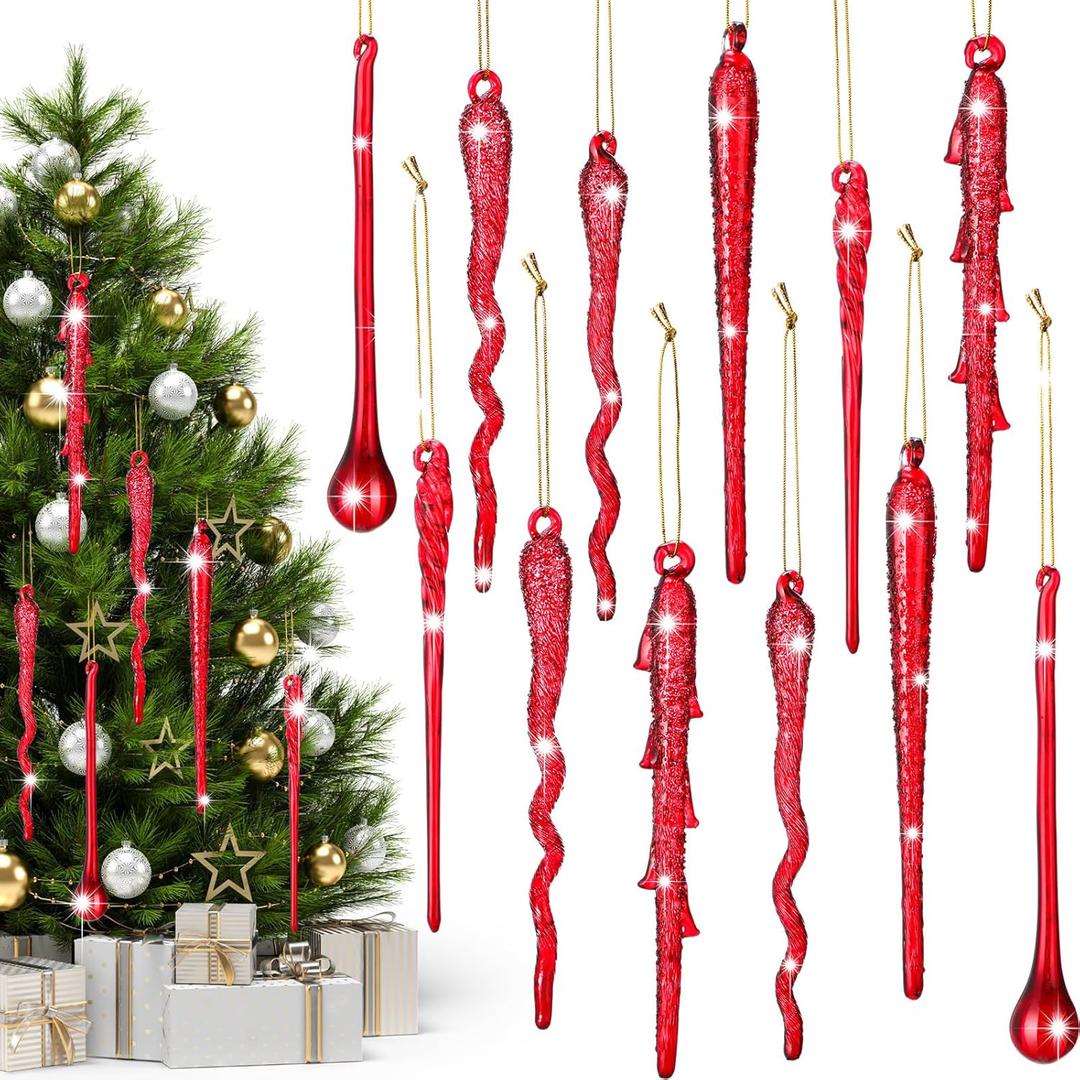 Nuogo 6 Pcs Glass Icicle Ornament Twisted Winter Decorations Decorative Hanging Christmas Ornaments Xmas Crystal Ornaments for Winter Holiday Christmas Tree Fireplace Party(Red,Classic Style)