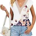 Cap Sleeve Summer Tops for Women Trendy Floral Print Casual V Neck T Shirts Petal Sleeve Blouses (White, M)