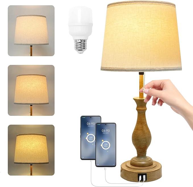 Farmhouse Table Lamp Touch Control 3-Way Dimmable Table Lamp, Modern Nightstand Lamp with 2 USB Port Bedside Desk Lamp with Fabric Shade for Living Room Bedroom Hotel (Pack 1-Beige Shade)