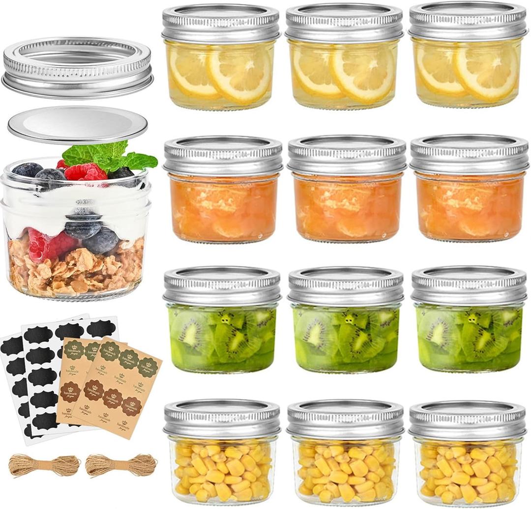 TUZAZO 4 oz Mini Mason Jars with Lids 12 Pack, 4oz Small Glass Mason Canning Jars for Jam Jelly Yogurt Dessert, Shower Wedding Favors Decor
