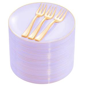 Festiva 200Pcs Purple Gold Dessert Plates 6.3" with Plastic Forks 5"- Disposable Lavender Purple Cake/Appetizer/Salad Plates - serve 100 guests for Party&Wedding&Easter