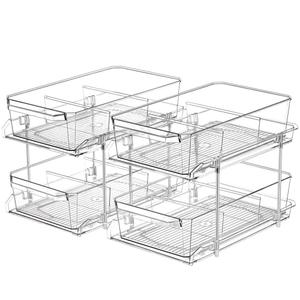 2 Set, 2 Tier Clear Organizer with Dividers for Cabinet, Shlef, Counter - MultiUse Slide-Out Storage Container - Kitchen, Pantry, Medicine Cupboard Bins, Bathroom, Vanity Makeup, Under Sink Organizing