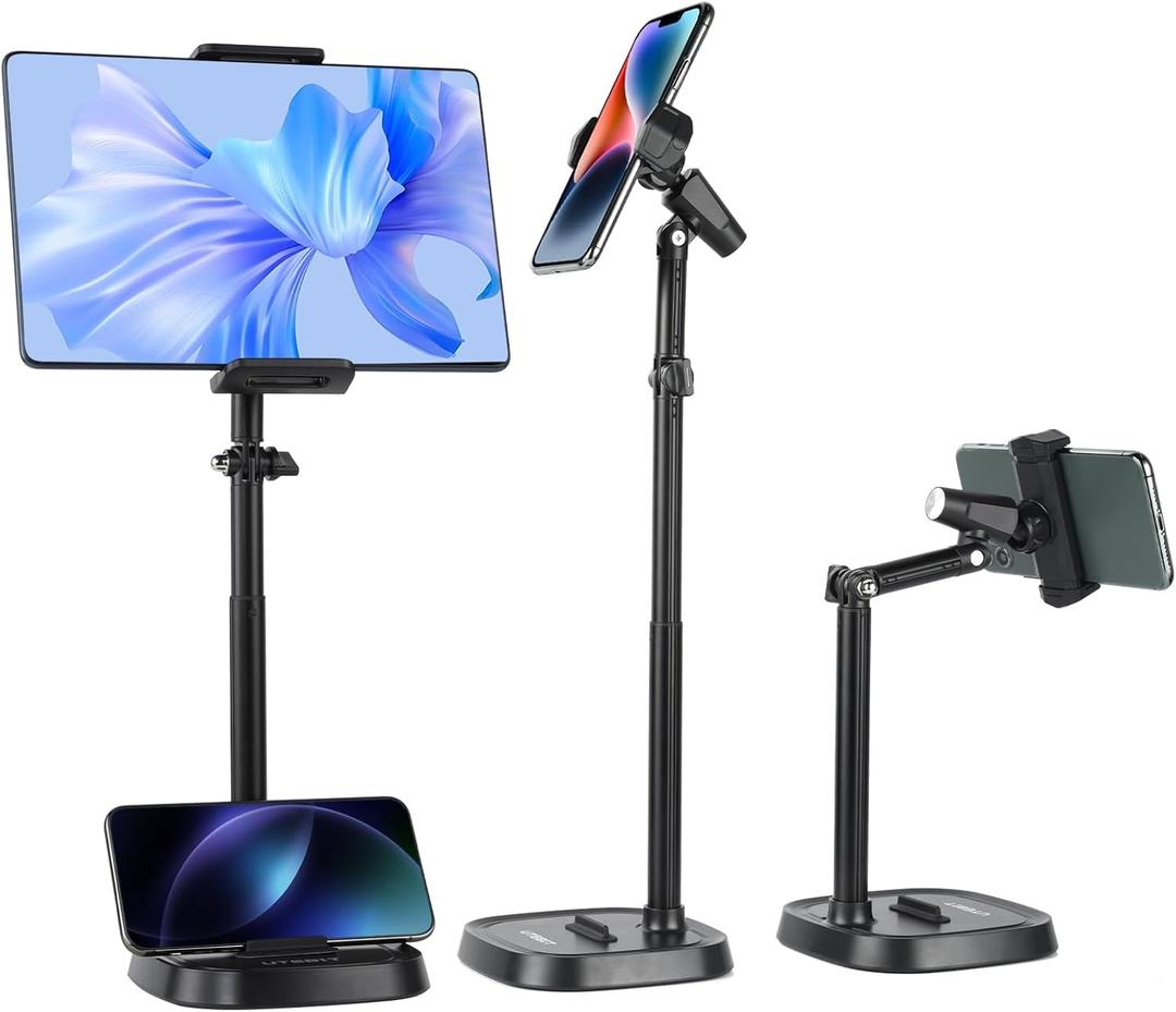 UTEBIT Adjustable Phone Stand for Desk, 11.8''-17.7''Height Adjustable Phone Holder for Desk Recording, Retractable Cell Phone Tablet Stand Holder for 5.5''-9.5''Screen iPhone 17 16 15 Pro Max Android (Black)
