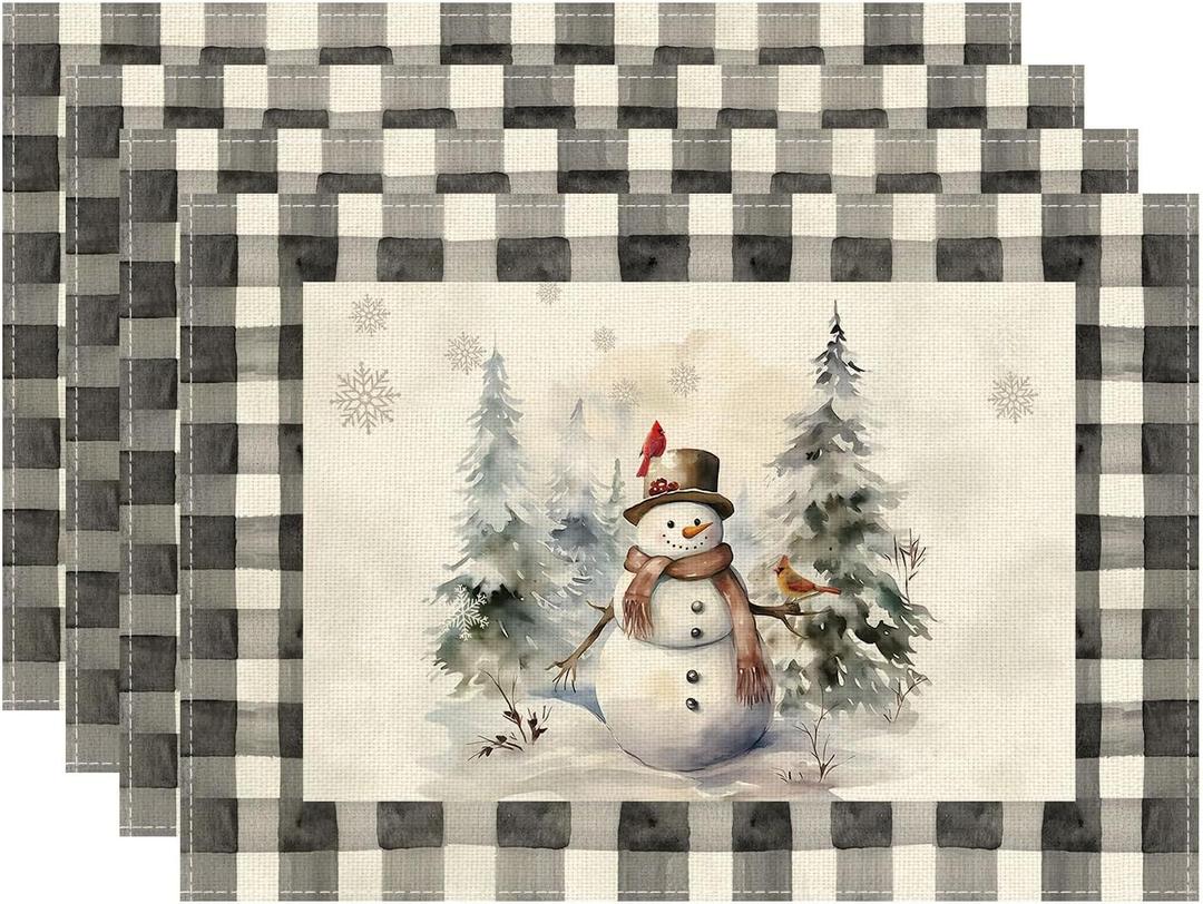 XCHI Watercolor Buffalo Plaid Snowman Snowflakes Christmas Winter Xmas Placemats Set of 4 Table Mats for Party Home Kitchen Dining Table Decorations 12x18 Inch