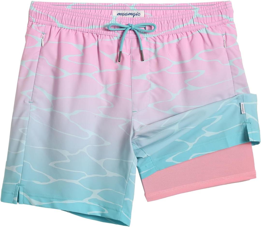 maamgic 2 in 1 Mens Swim Trunks 7 Inch Swim Shorts Swim Suits Board Shorts (Large, Gradient Water Ripple-pink Blue)