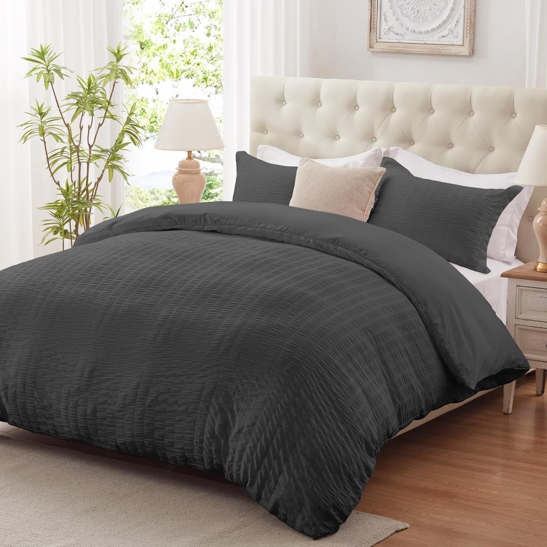 Cozyide Dark Grey Twin Duvet Cover, 2 Pieces Bedding Duvet Covers, Soft Breathable Seersucker Duvet Cover Set with Zipper Closure and Corner Ties (1 Duvet Cover 68"x90" + 1 Pillow Sham 20"x26")