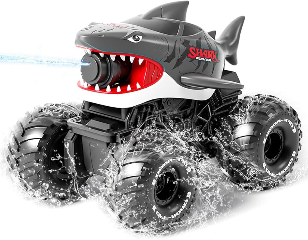Gesture Sensing Amphibious Remote Control Gray Shark Monster Truck with Water Squirt 4WD 1:16 RC Car All-Terrain Waterproof RC Tank Pool Toy Outdoor Summer Gifts for Kids Age 6+2 Replaceable battery)