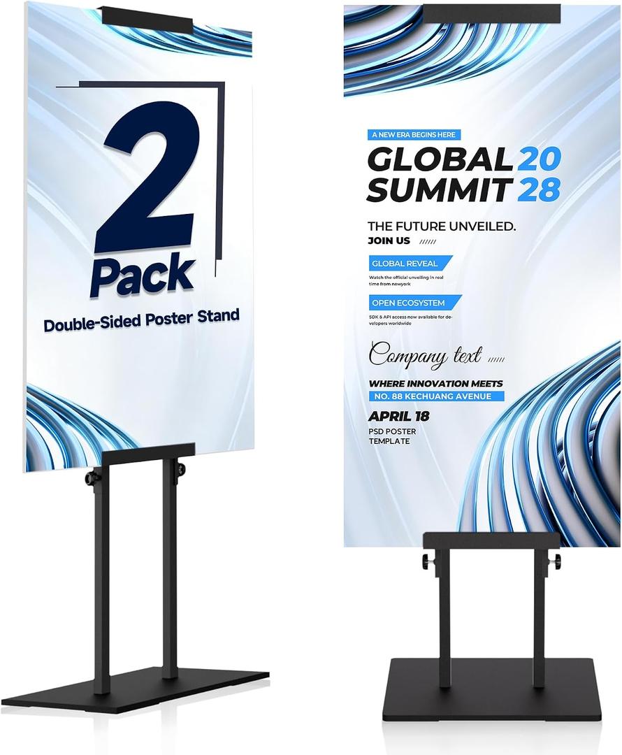 Poster Board Stand for Display, Double-Sided Foam Board Stand Double Visibility with Heavy Duty Stable Base, Foam Board Stand Adjustable Height up to 80" for Mall, School, Restaurant, Exhibition (Black, 2-Pack)
