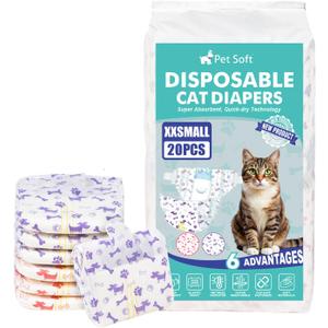 Pet Soft Disposable Cat Diapers - Puppy Diapers for Female & Male Cats with Wetness Indicator, Super Absorbent, Fit for Pet in Heat or Incontinence, 20pcs , XXS, Mixed 