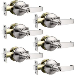 Privacy Door Handle with Lock, Keyless Entry for Bedroom and Bathroom, Rectangular Interior Door Lever, Easy Installation, Satin Nickel, 6 Pack