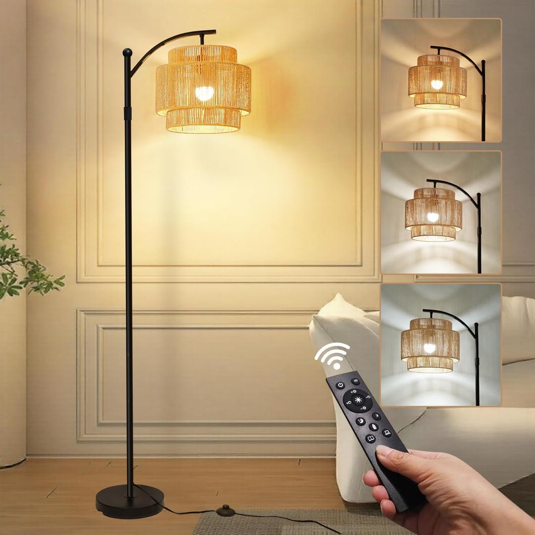 Vinaco Adjustable Height Floor Lamp Rattan 3 Color Temperature,Dimmable Tall Boho Floor Lamps with Remote & Foot Switch, Rotating Lamp Shade Wicker Arc Standing Lamp for Living Room Bedroom Lights