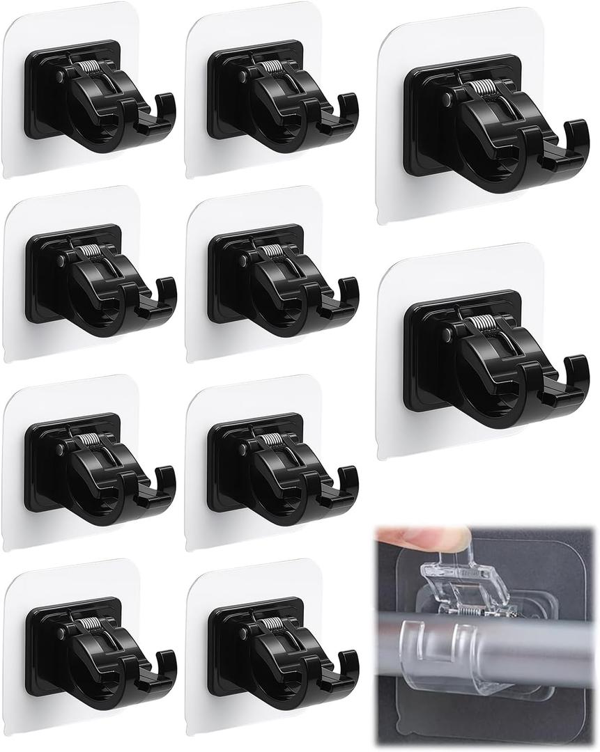 Curtain Rod Bracket No Drilling 10pcs, Self Adhesive Nail Free Curtain Rod Wall Brackets Hooks, Adjustable Drapery Towel Holder Fixing Hook for Home Bathroom Kitchen and Hotel Use (Black)
