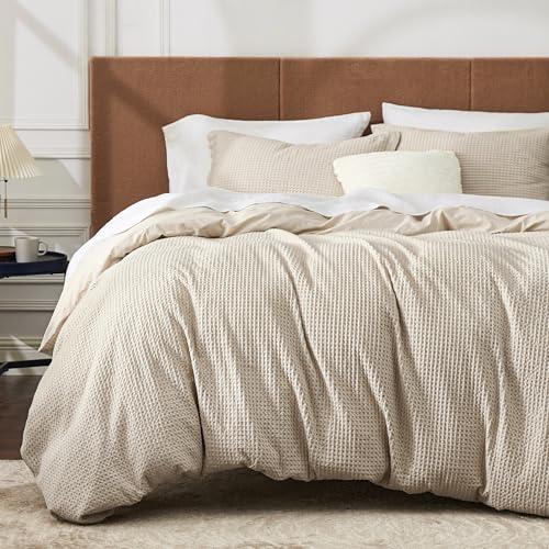 Bedsure Cotton Duvet Cover Set - 100% Cotton Waffle Weave Beige Duvet Cover Oversized King Size, GentleSoft™ and Breathable Bedding Set for All Season, 3 Pieces, 120"x98"