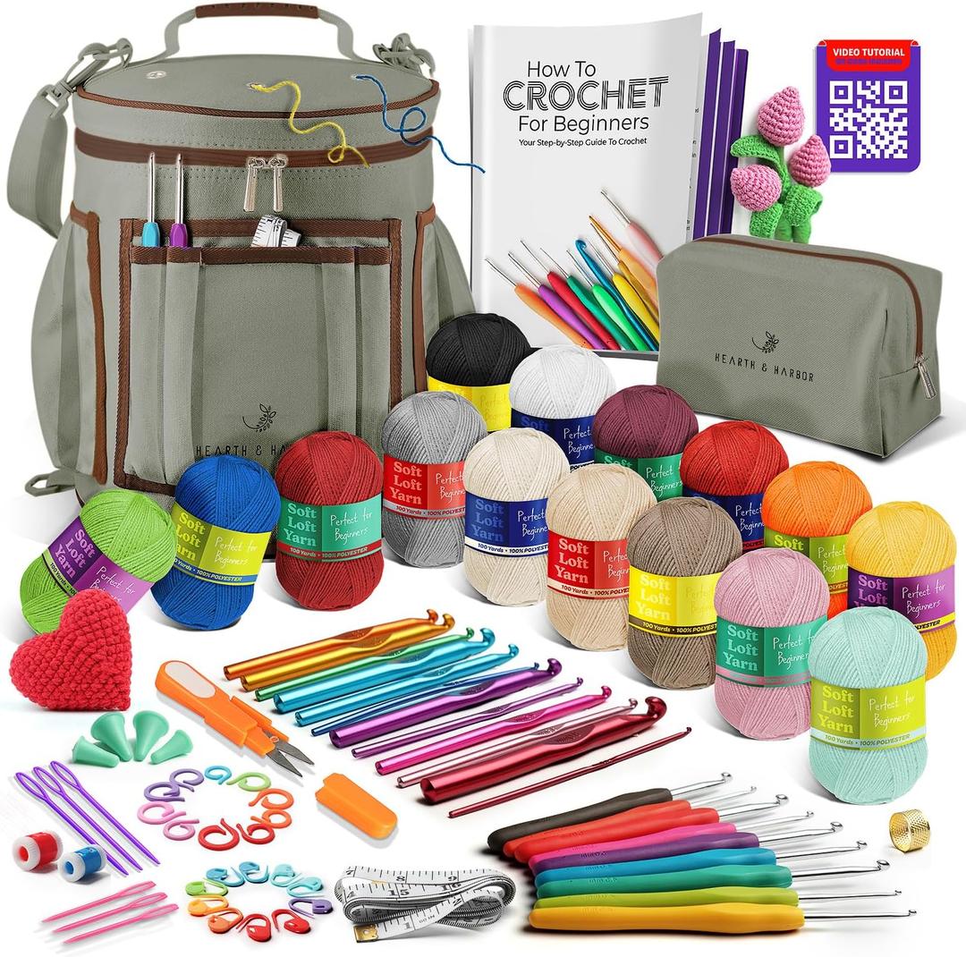 Crochet Kit for Beginners Adults and Kids - Beginner Crochet Kit for Adults with Step-by-Step Video Tutorials, Amigurumi and Crocheting Kit, Crochet Starter Kit with Soft Crochet Yarn and Crochet Bag (Sage Green)