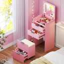 Small Vanity Desk with Flip Top Mirror and Lights,Fluted Compact Makeup Vanity with Hidden Storage Stool and Drawers,Modern Vanity Table Set for Small Space, Bedroom,Pink