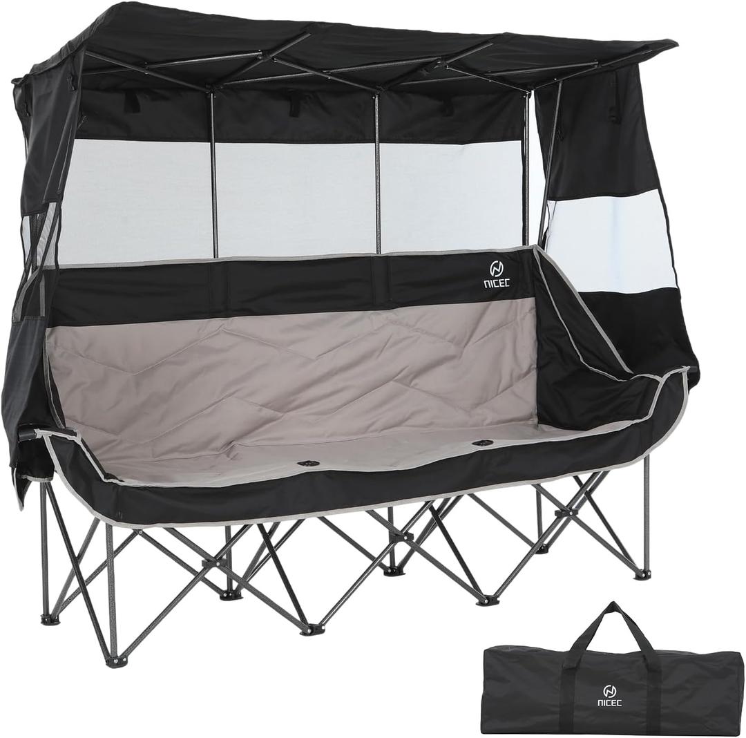 Nice C 3 Person Camping Chair with Canopy, Double Chairs with Sun Shade, Umbrella Chairs Loveseat, Folding Portable Padded Sports Chair, with Cup Holder, Cooler Bag, for Outdoors, Lawn (Black&Grey)