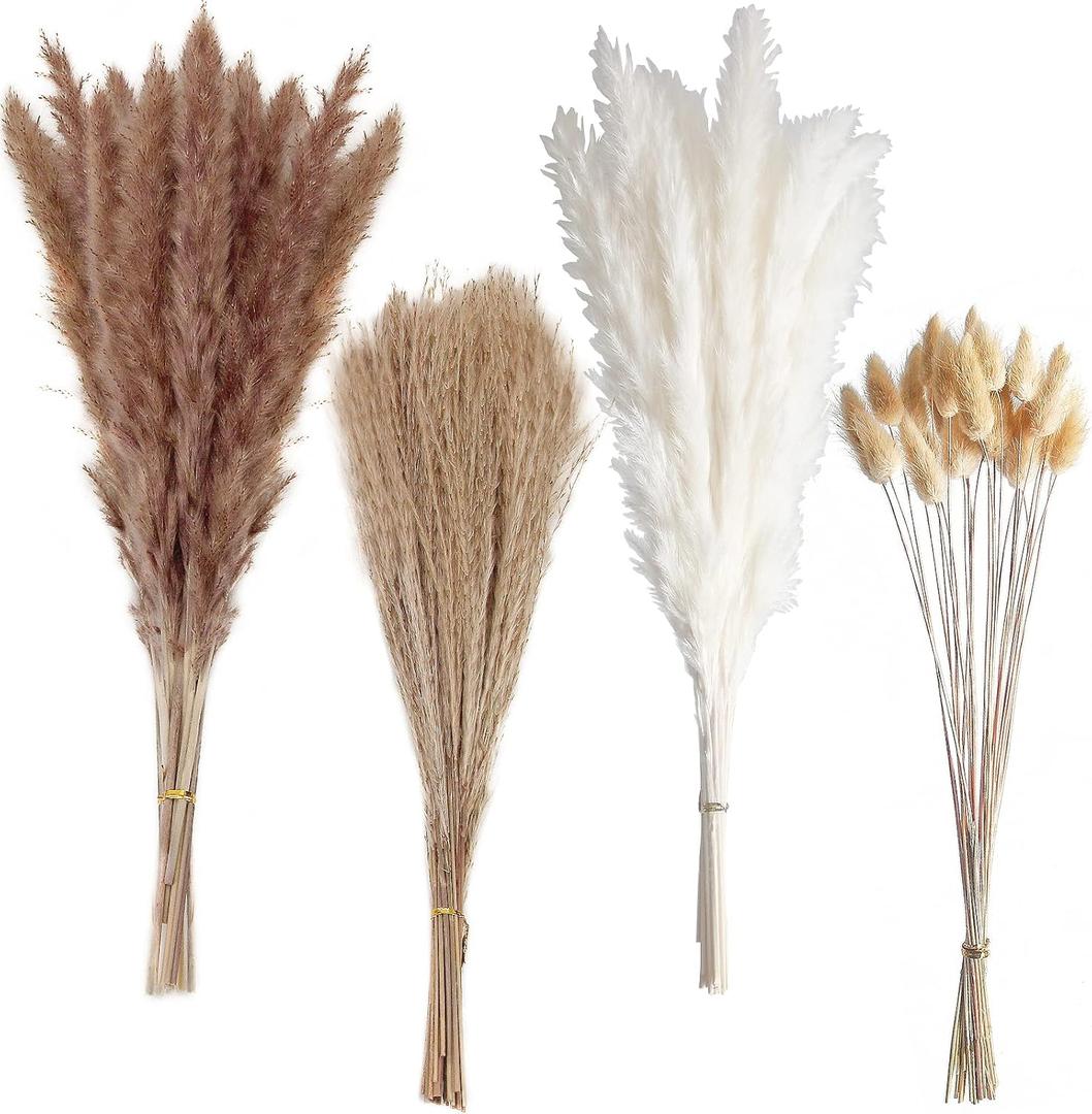 100 PCS Small Boho Pampas Grass, 17" Naturally Dried Pompas, Pampas Grass Decor for Wedding , Boho Party Decorations, Table DecorBrown and White