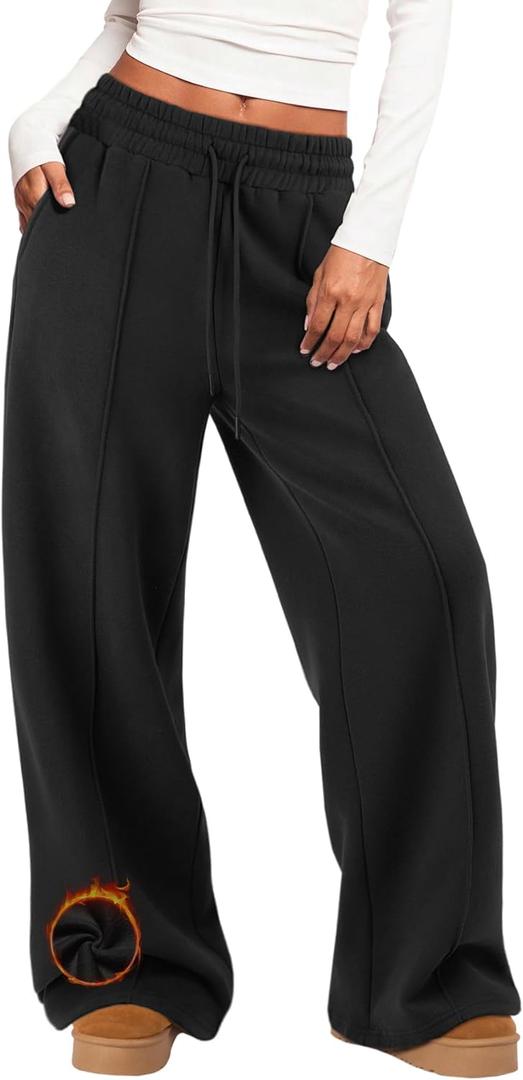 Womens Wide Leg Sweatpants Fleece Lined Baggy Pants Drawstring Athletic Joggers Fashion Winter Outfits (Large, Black)