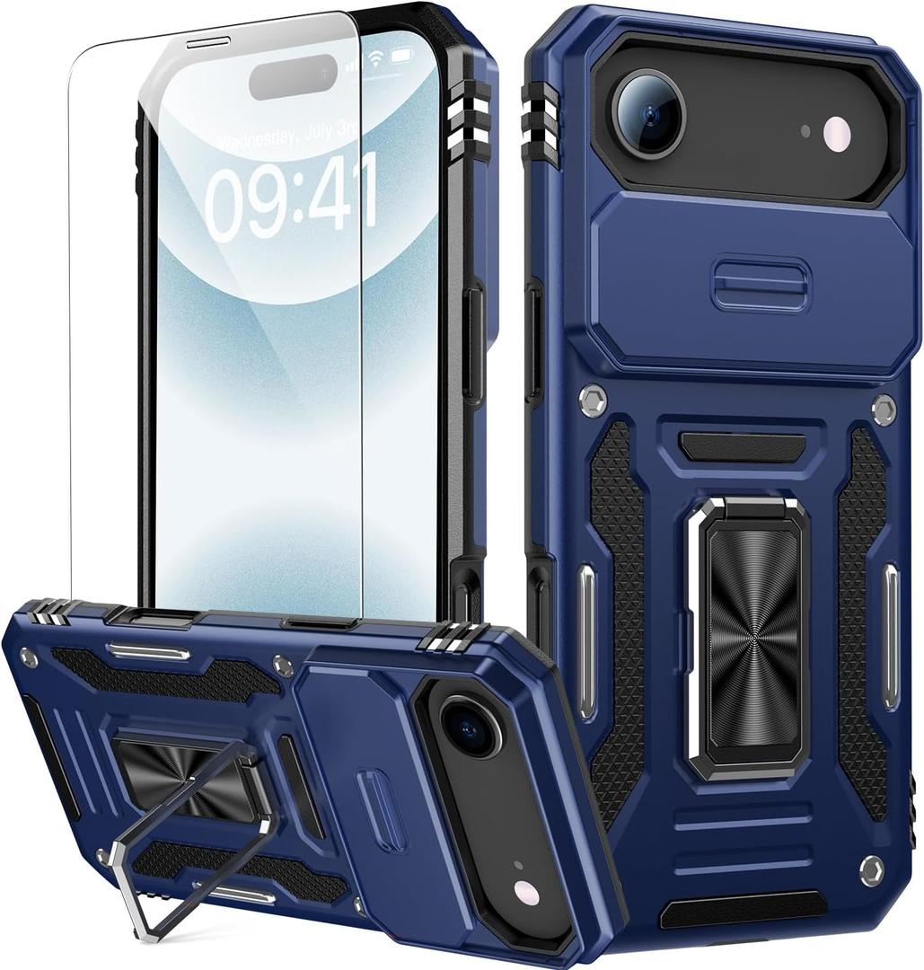GOODON for iPhone Air Case with Sliding Camera Cover + Screen Protector - Magnetic Rotated Ring Kickstand - Military-Grade Shockproof Protective Phone Cover for iPhone 17 Air for Men Women - Navy blue