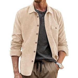 Runcati Mens Corduroy Button Down Jacket Casual Long Sleeve Shirts Ribbed Lightweight Shacket Jacket with Flap Pocket Beige, XXL
